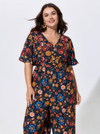 Floral Ruffle V Neck Wide Leg Jumpsuit