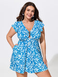 Leaf Print Crisscross Back Swim Dress