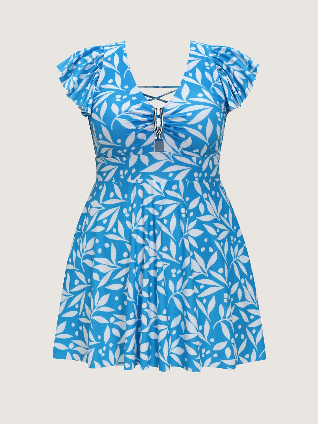 Leaf Print Crisscross Back Swim Dress
