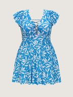 Leaf Print Crisscross Back Swim Dress