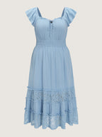 Lace Trim Ruffle Tie Front Midi Dress