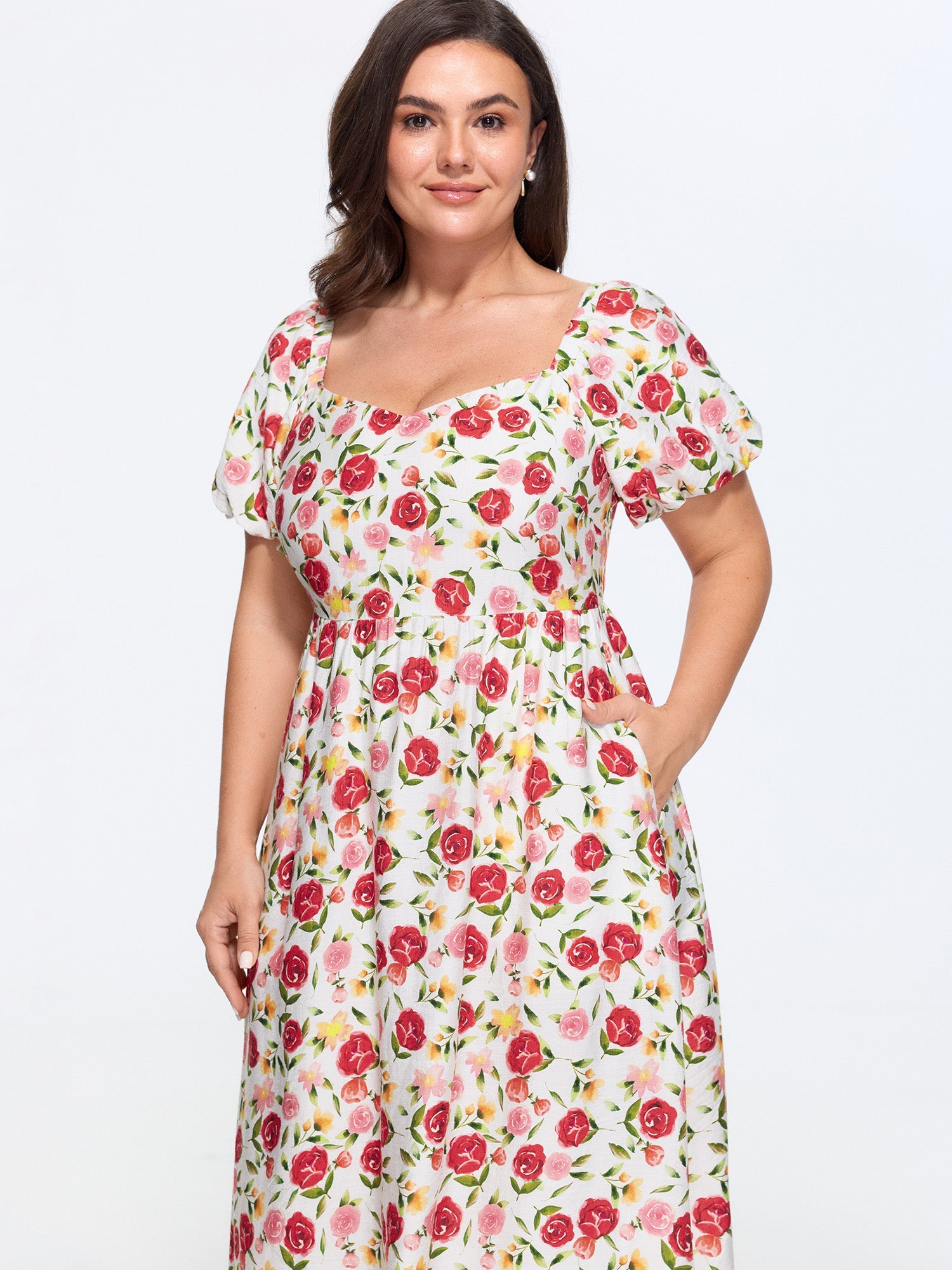 Rose Print Back Bow Detail Midi Dress