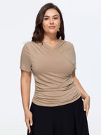 Stretchy Solid Surplice Neck Ruched Fitted Knit Top