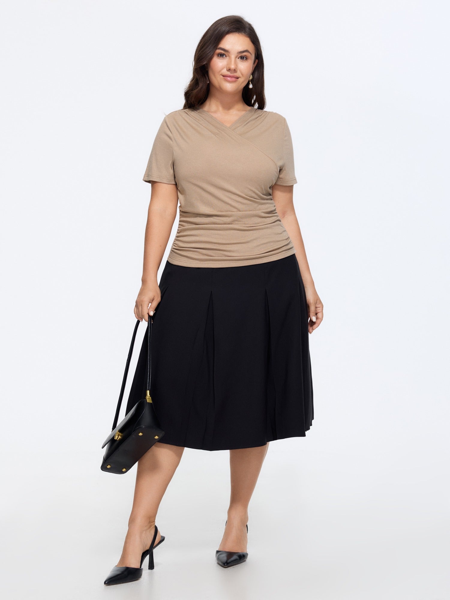 Stretchy Solid Surplice Neck Ruched Fitted Knit Top