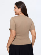 Stretchy Solid Surplice Neck Ruched Fitted Knit Top
