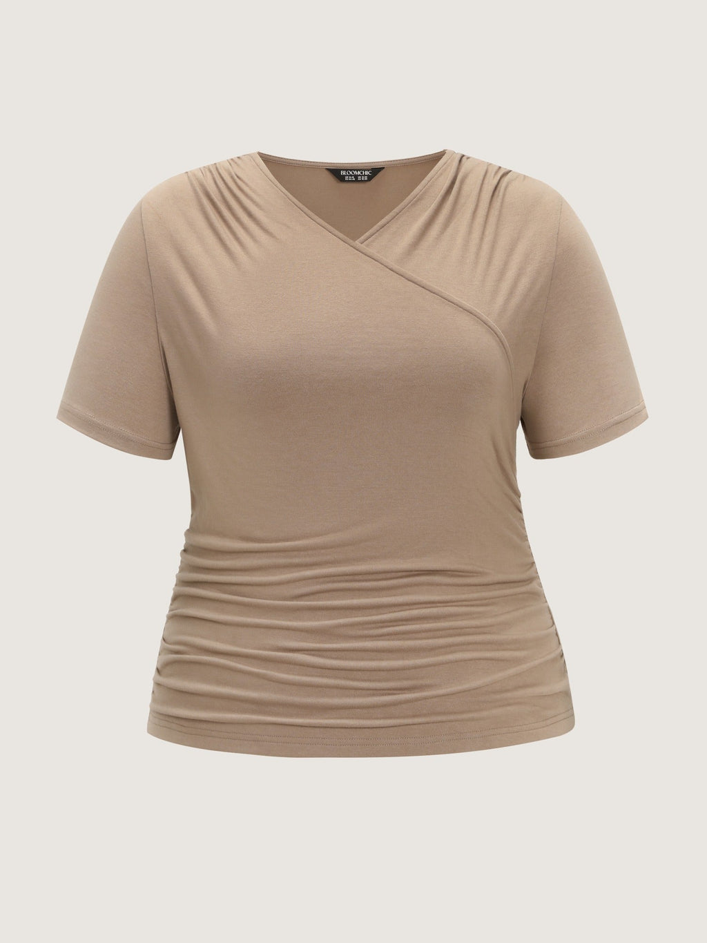 Stretchy Solid Surplice Neck Ruched Fitted Knit Top