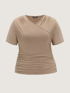 Stretchy Solid Surplice Neck Ruched Fitted Knit Top