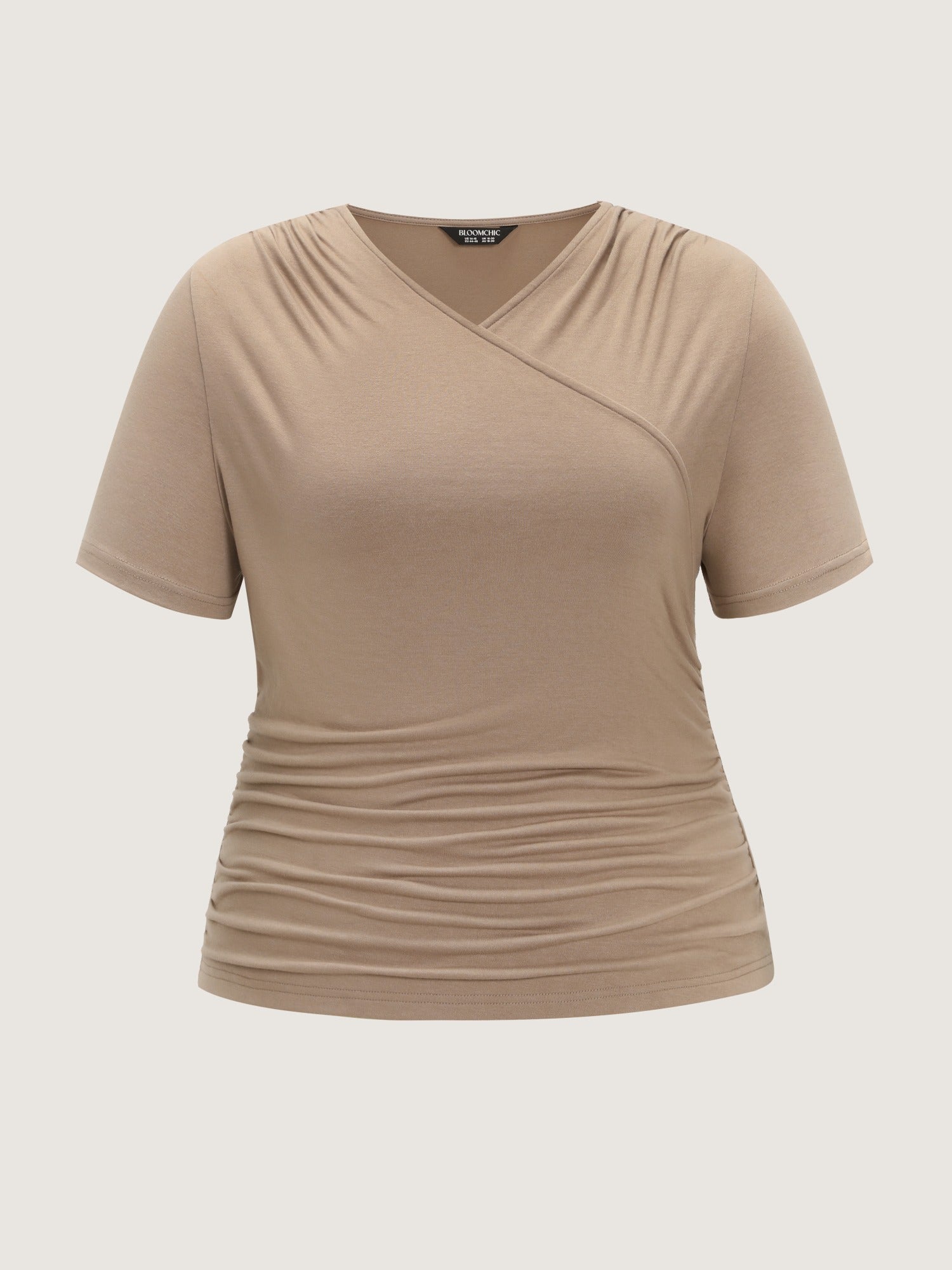 Stretchy Solid Surplice Neck Ruched Fitted Knit Top