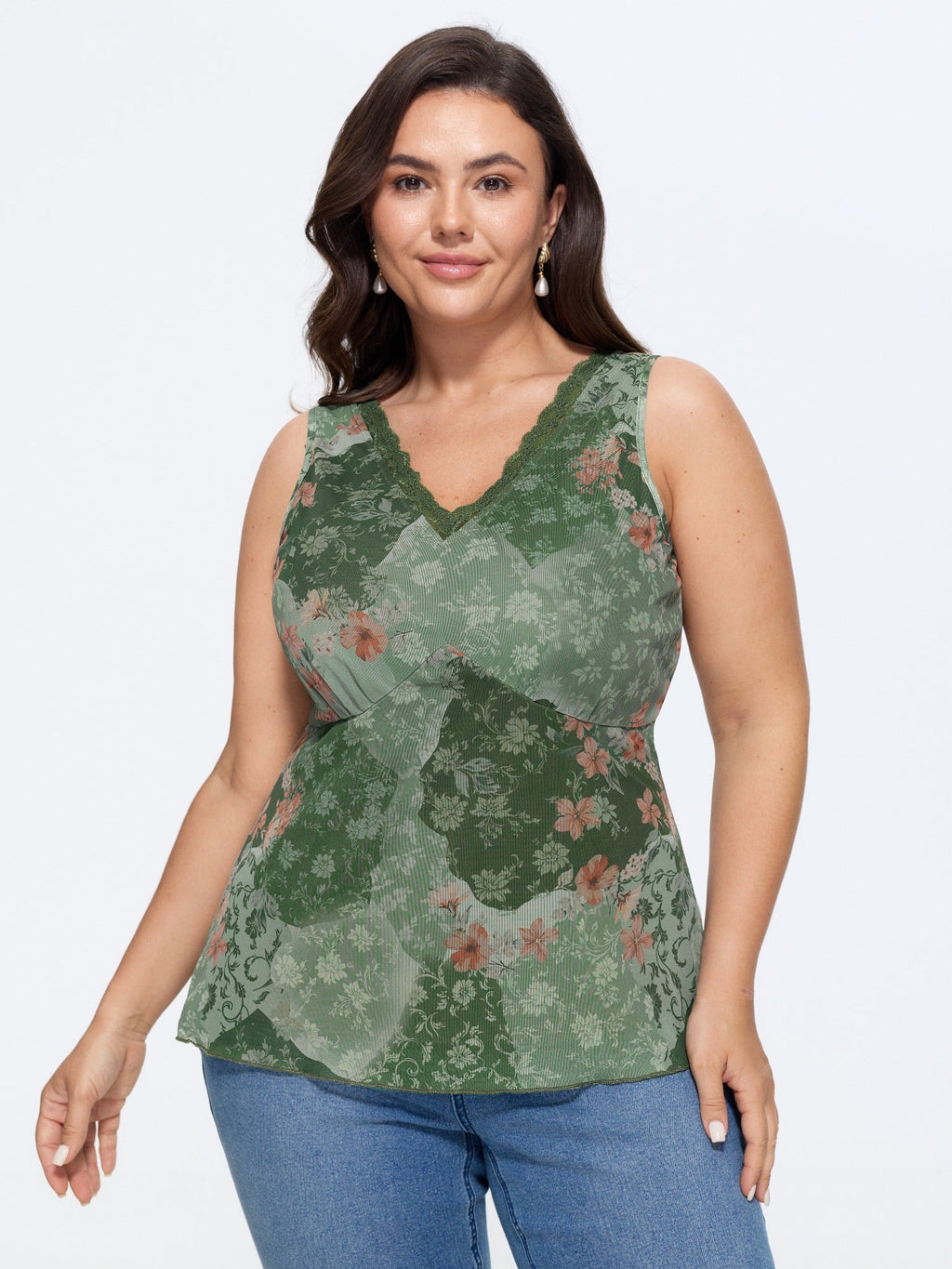 Watercolor Floral Lace V Neck Sleeveless Tank Top