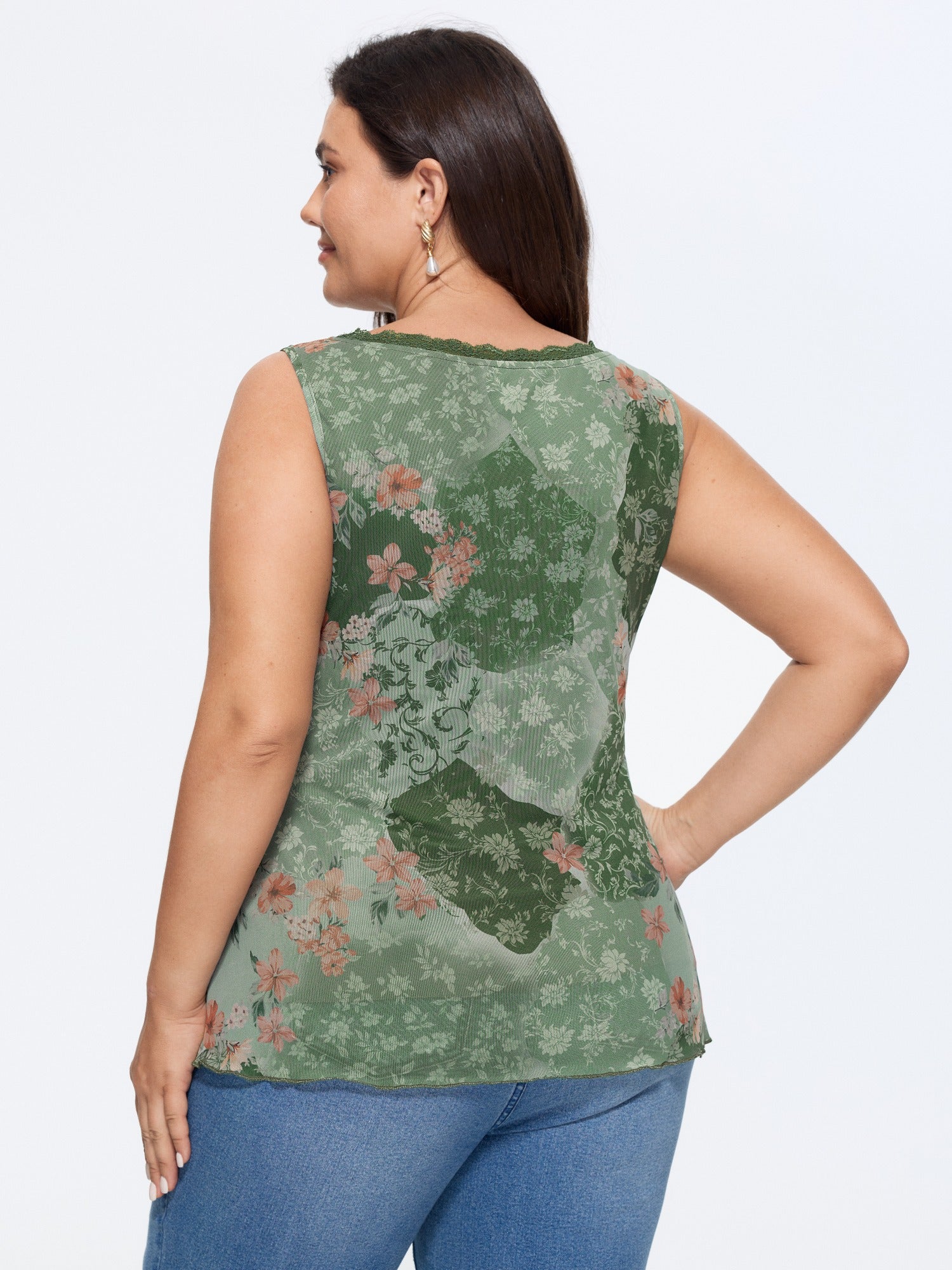 Watercolor Floral Lace V Neck Sleeveless Tank Top
