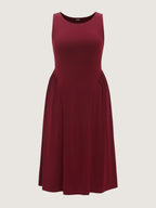 Stretchy Solid Side Ruched Sleeveless Midi Dress