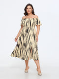 Abstract Print Off Shoulder Side Slit Midi Dress
