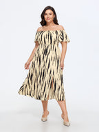 Abstract Print Off Shoulder Side Slit Midi Dress