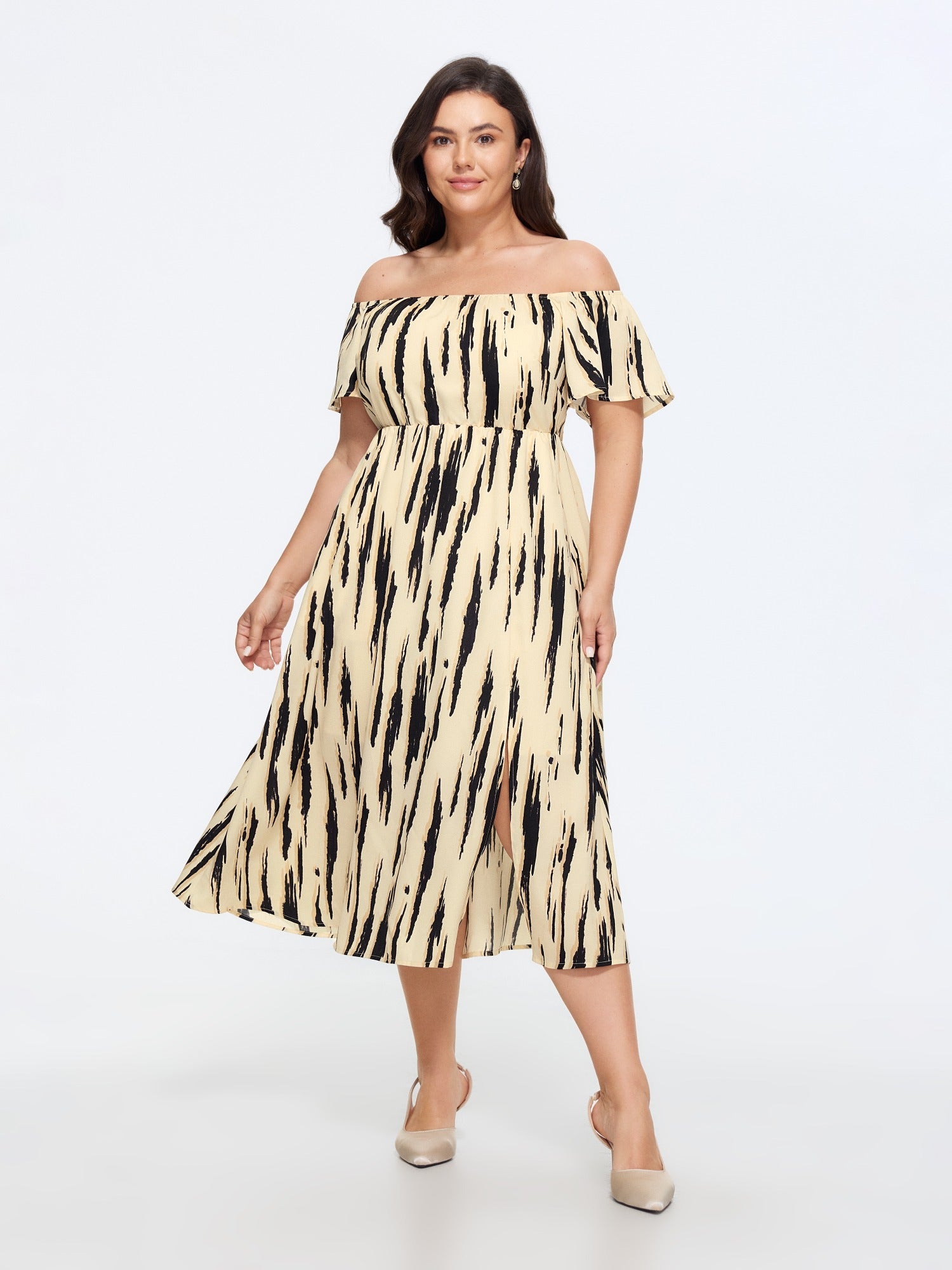 Abstract Print Off Shoulder Side Slit Midi Dress