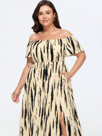 Abstract Print Off Shoulder Side Slit Midi Dress