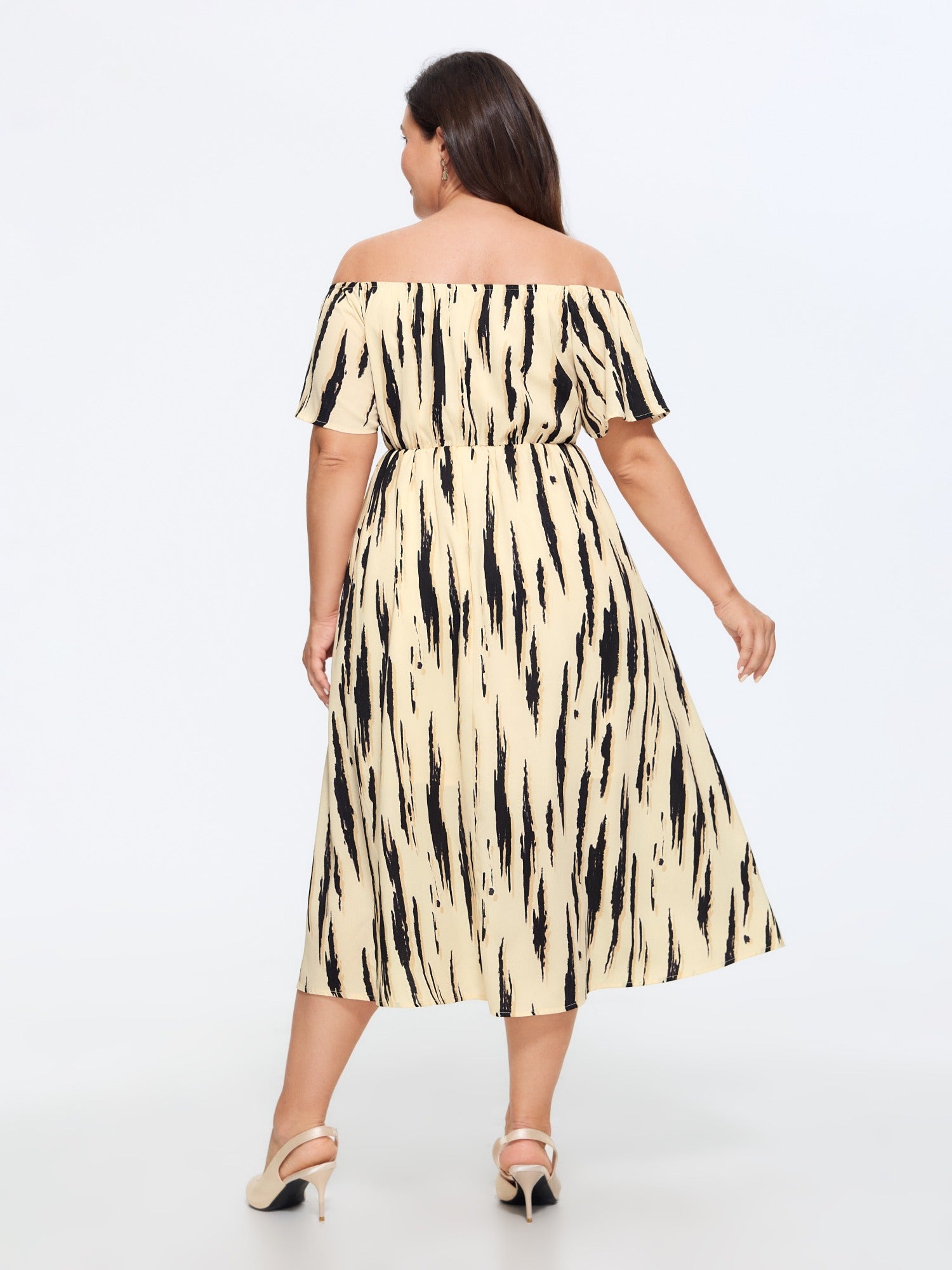 Abstract Print Off Shoulder Side Slit Midi Dress