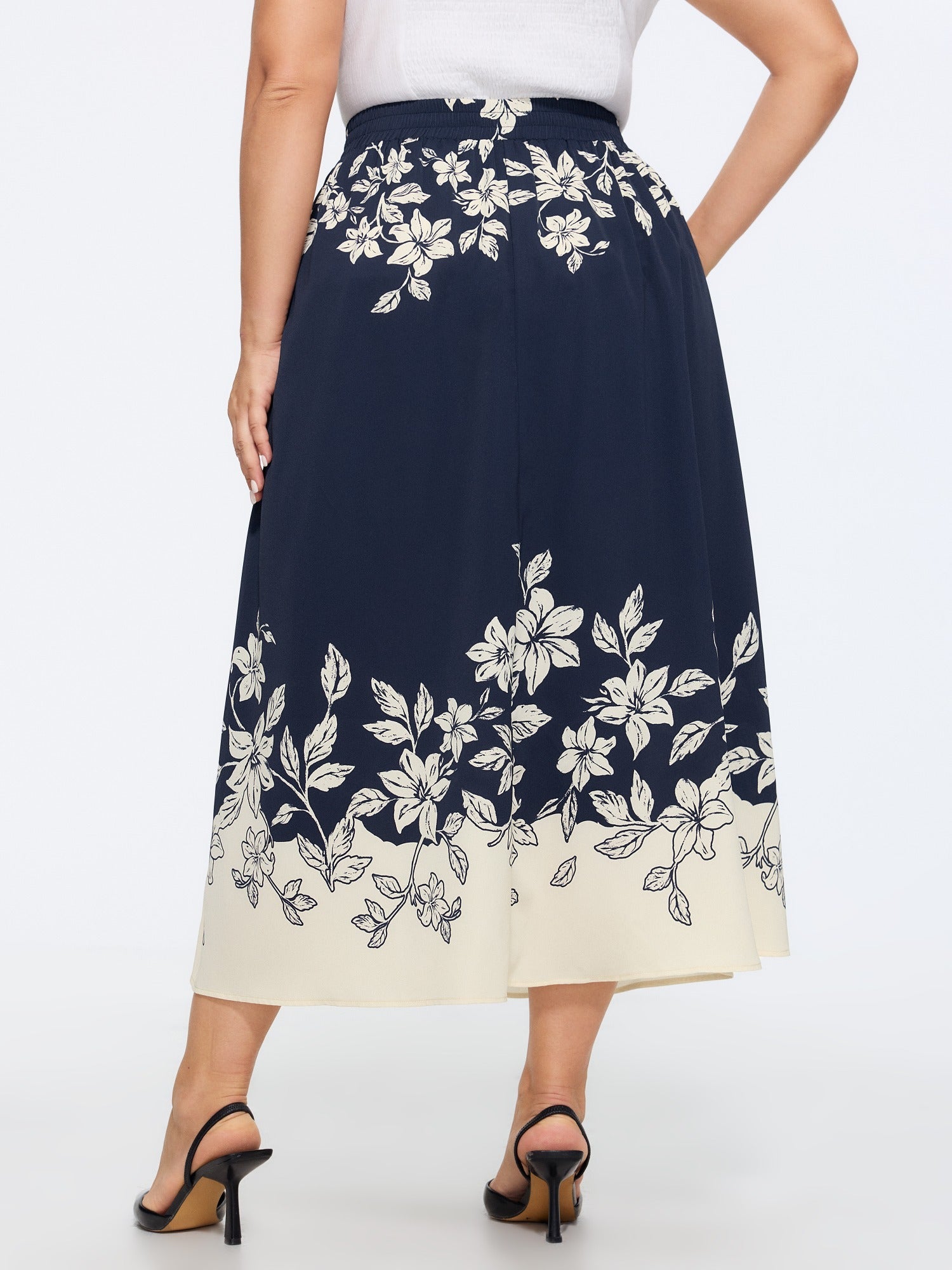 Floral Print Elastic Waist Pocket Midi Skirt
