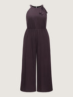 Solid Sheer Bow Halter Neck Wide Leg Jumpsuit
