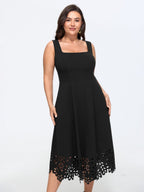 Stretchy Square Neck Floral Laser Cut Hem Midi Dress