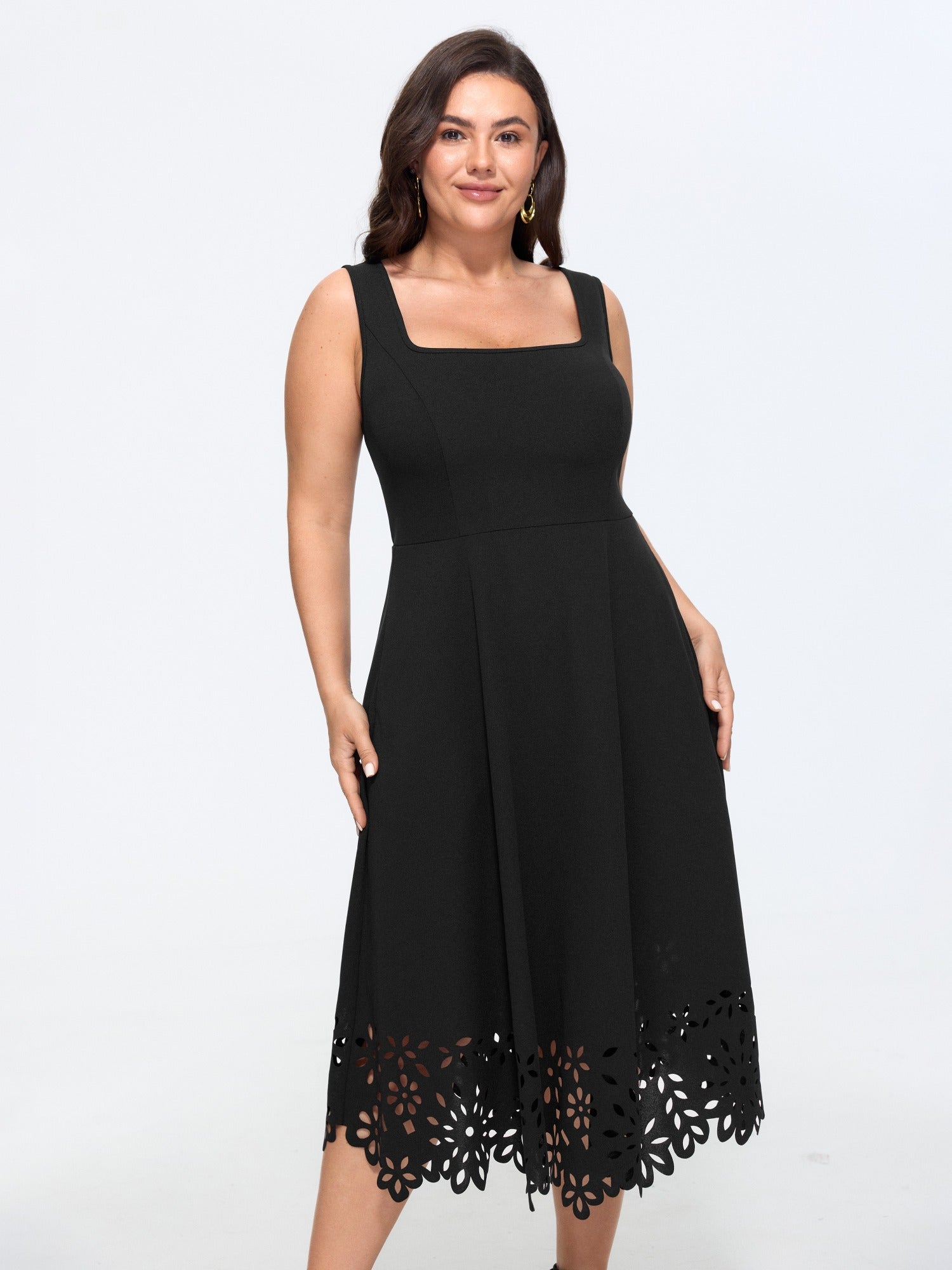 Stretchy Square Neck Floral Laser Cut Hem Midi Dress
