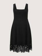 Stretchy Square Neck Floral Laser Cut Hem Midi Dress