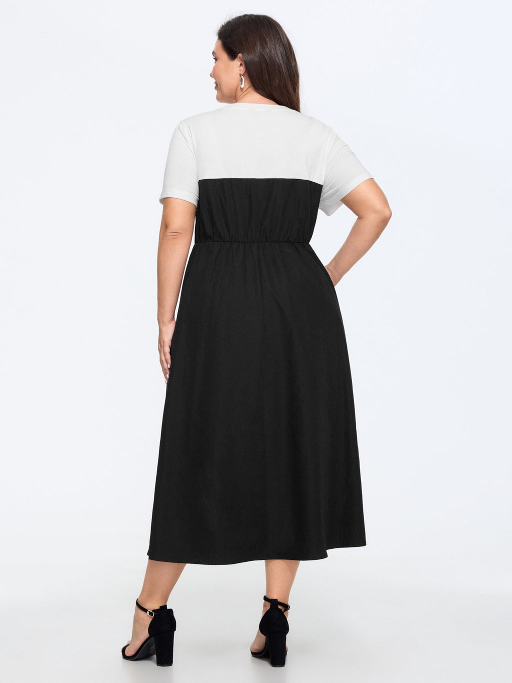 Stretchy Color Block Round Neck Midi Dress
