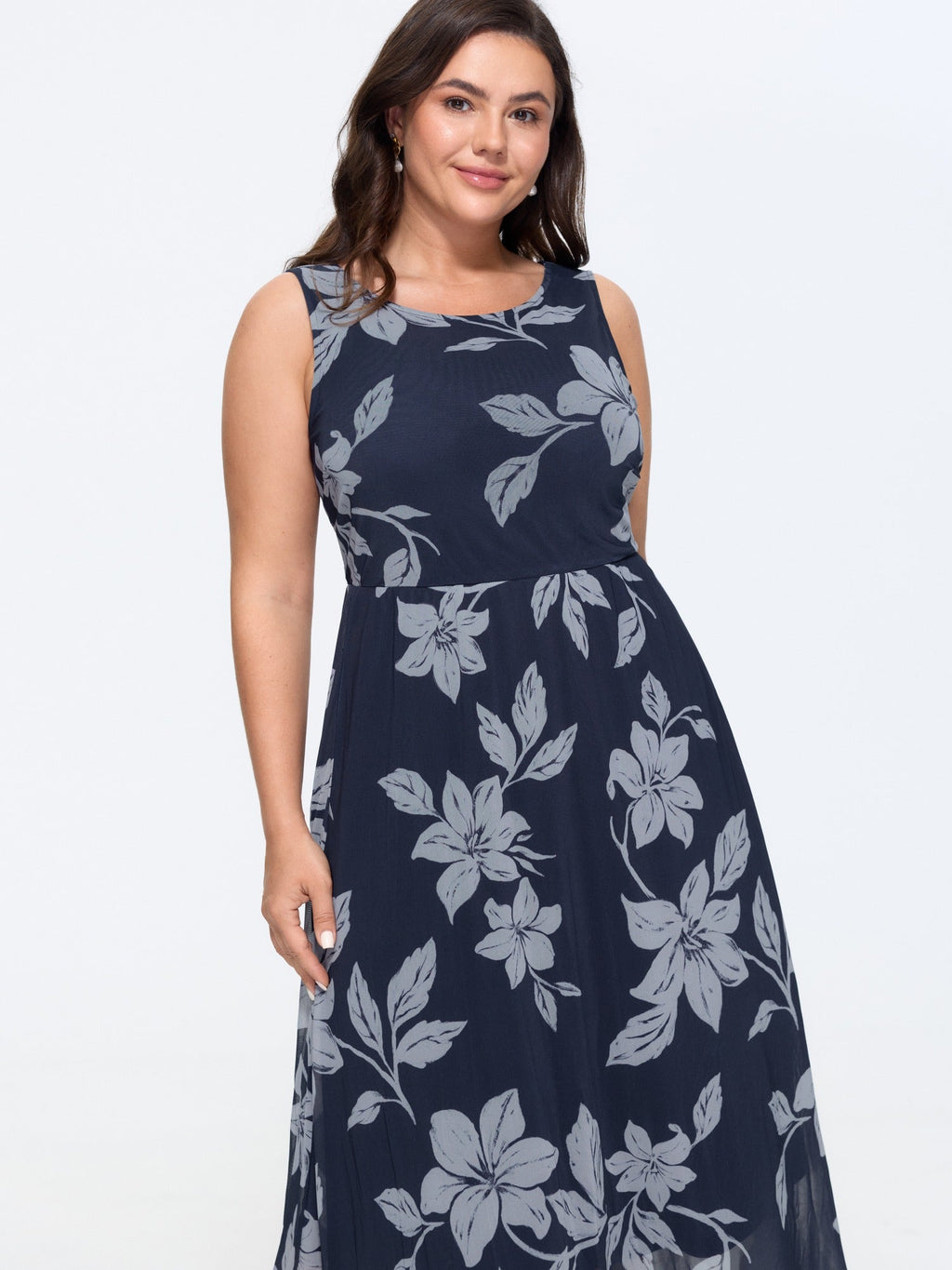 Floral Print Mesh Sleeveless Midi Dress