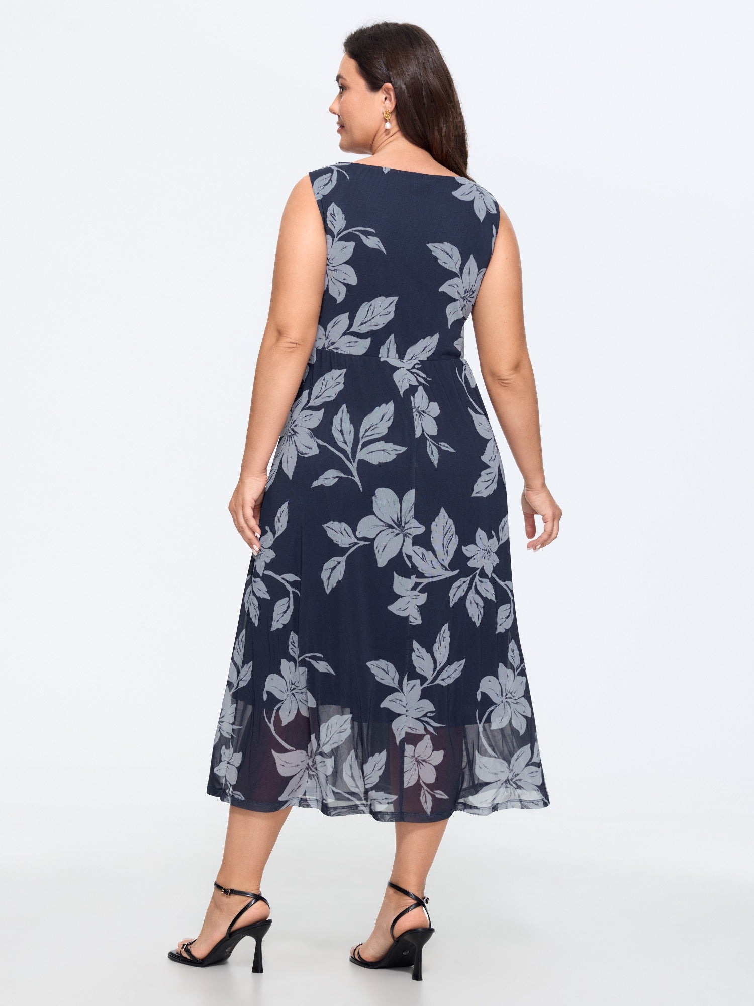 Floral Print Mesh Sleeveless Midi Dress