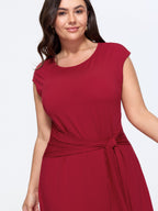 Round Neck Self Tie Waist Asymmetrical Hem Midi Dress