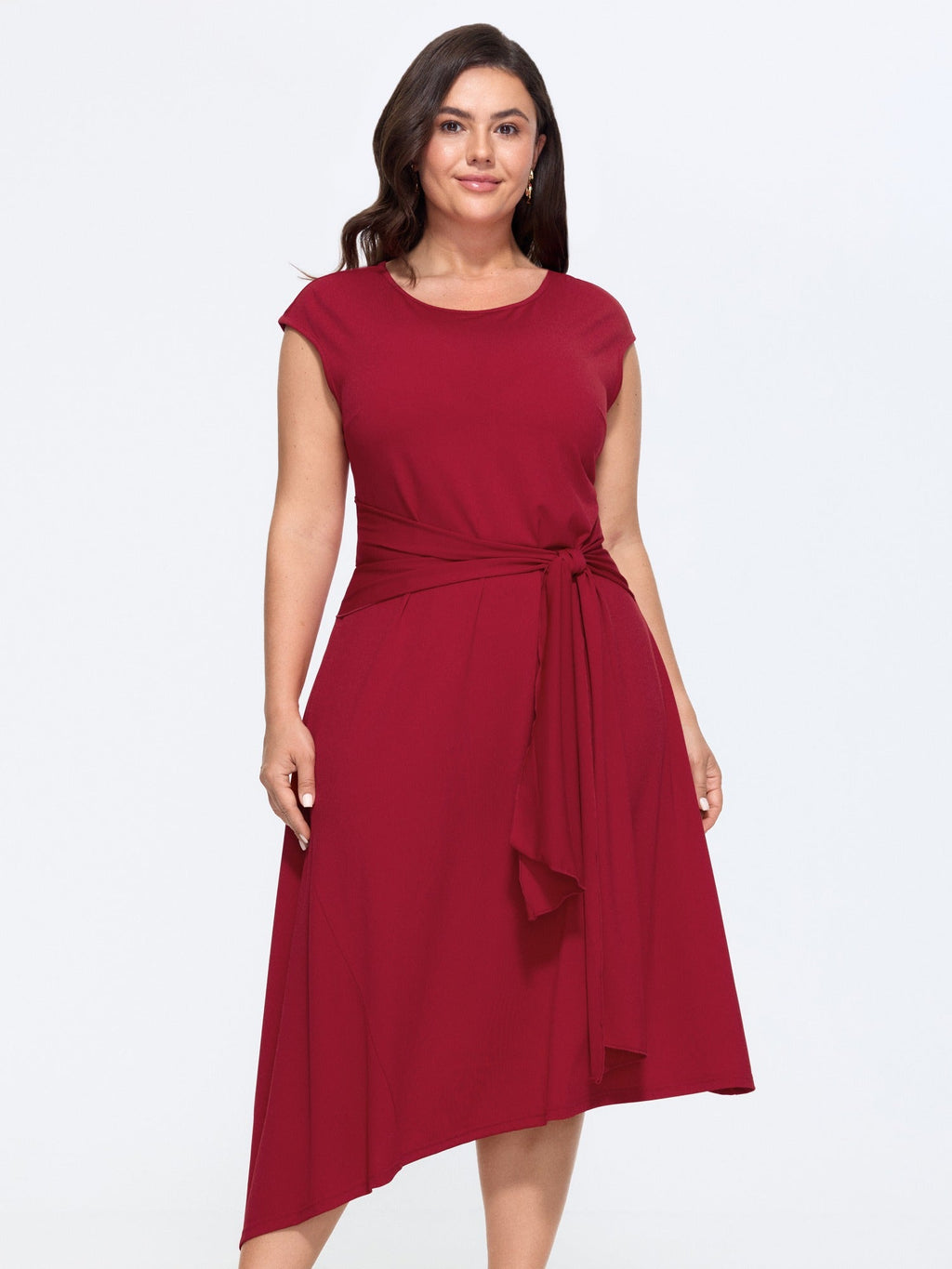 Round Neck Self Tie Waist Asymmetrical Hem Midi Dress