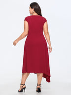 Round Neck Self Tie Waist Asymmetrical Hem Midi Dress
