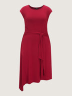 Round Neck Self Tie Waist Asymmetrical Hem Midi Dress