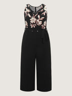 Floral Cowl Neck Waist Tie Wide Leg Jumpsuit