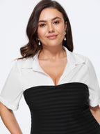 Shirt Collar Color Block Patchwork Top