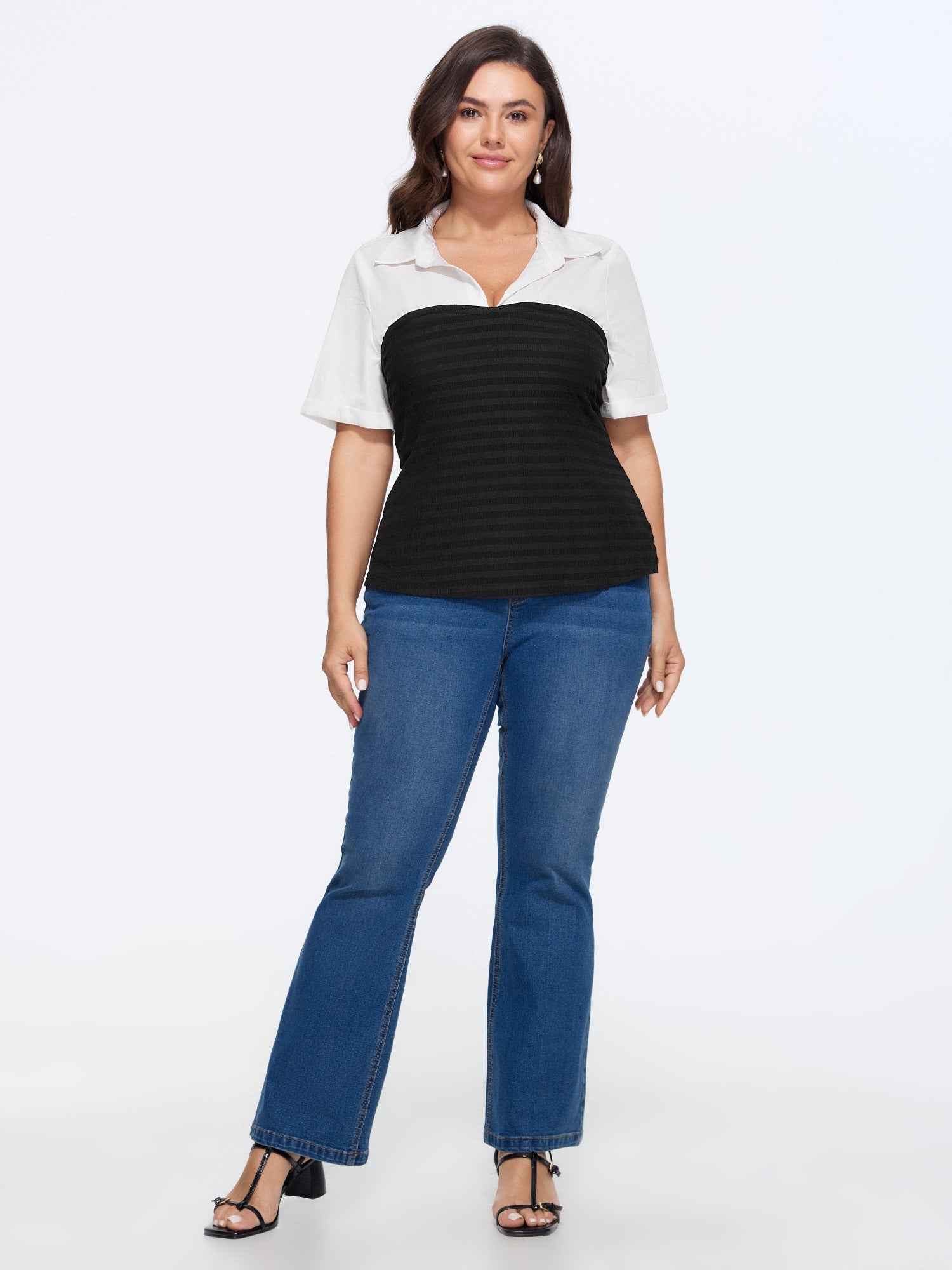 Shirt Collar Color Block Patchwork Top