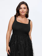Floral Embroidered Mesh Square Neck Cami Midi Dress