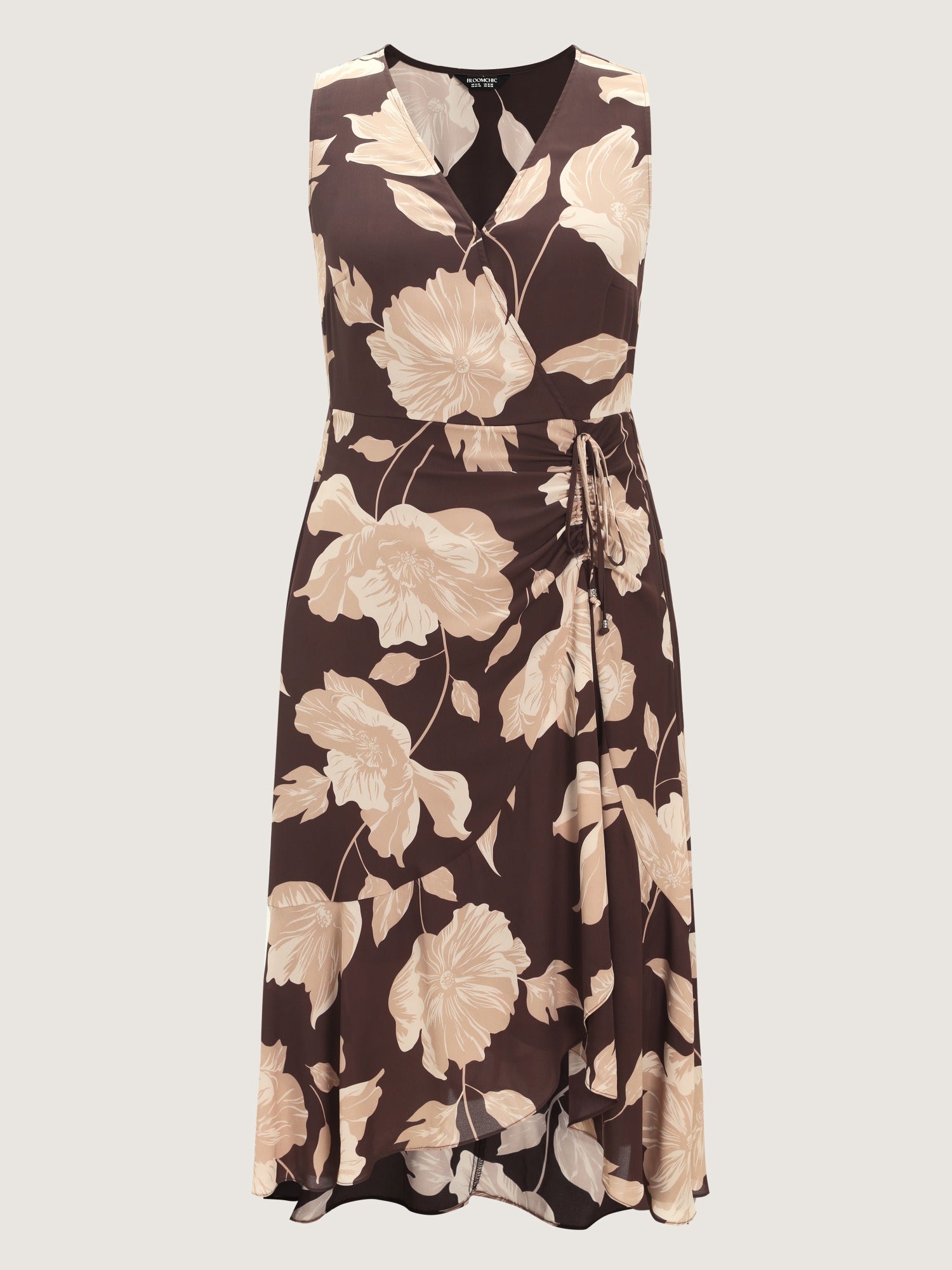 Floral Wrap Ruffle Side Drawstring Midi Dress