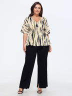 Abstract Print V Neck Shirred Waist Peplum Blouse