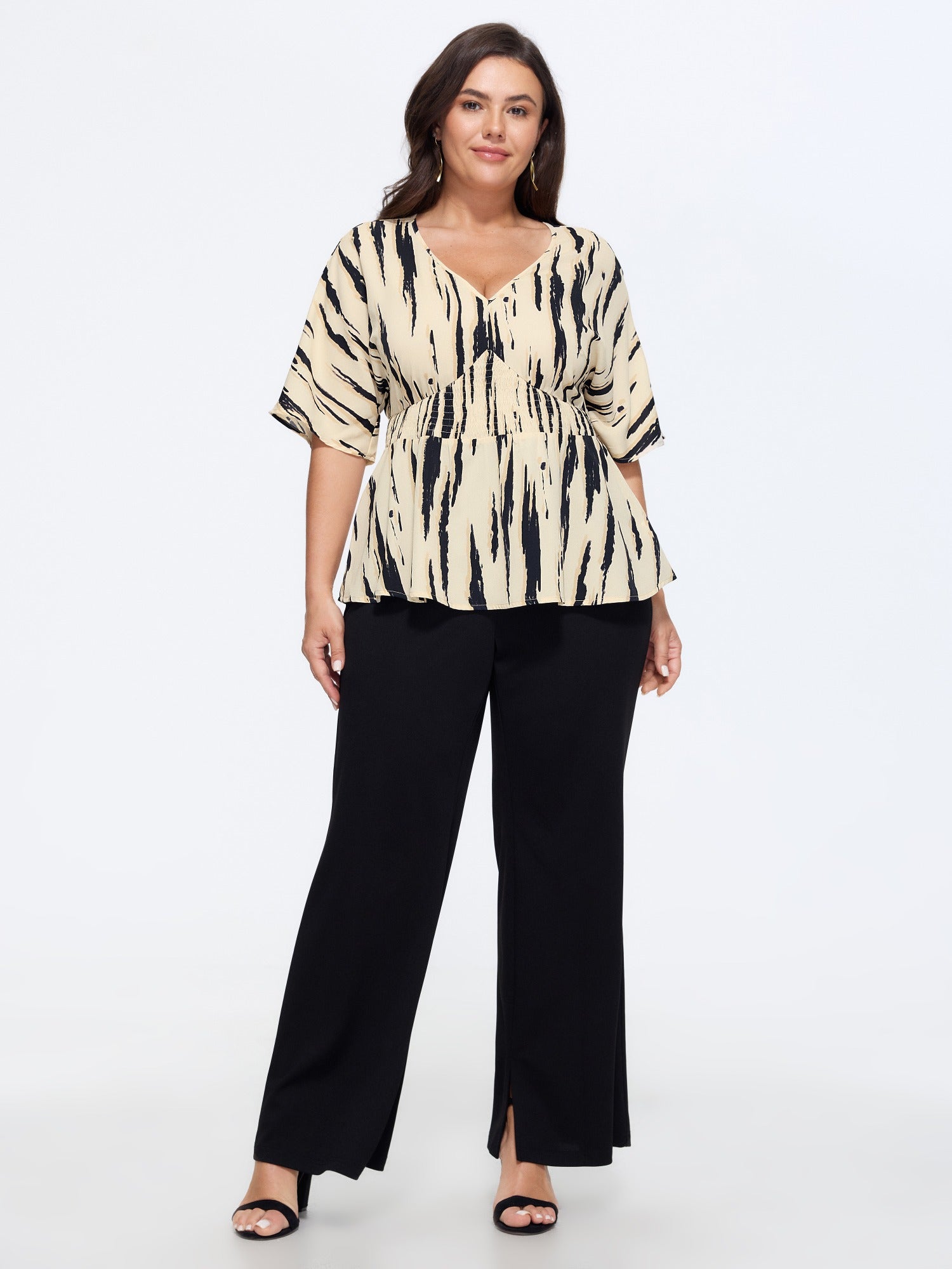 Abstract Print V Neck Shirred Waist Peplum Blouse