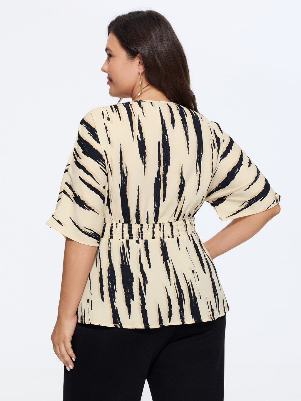 Abstract Print V Neck Shirred Waist Peplum Blouse
