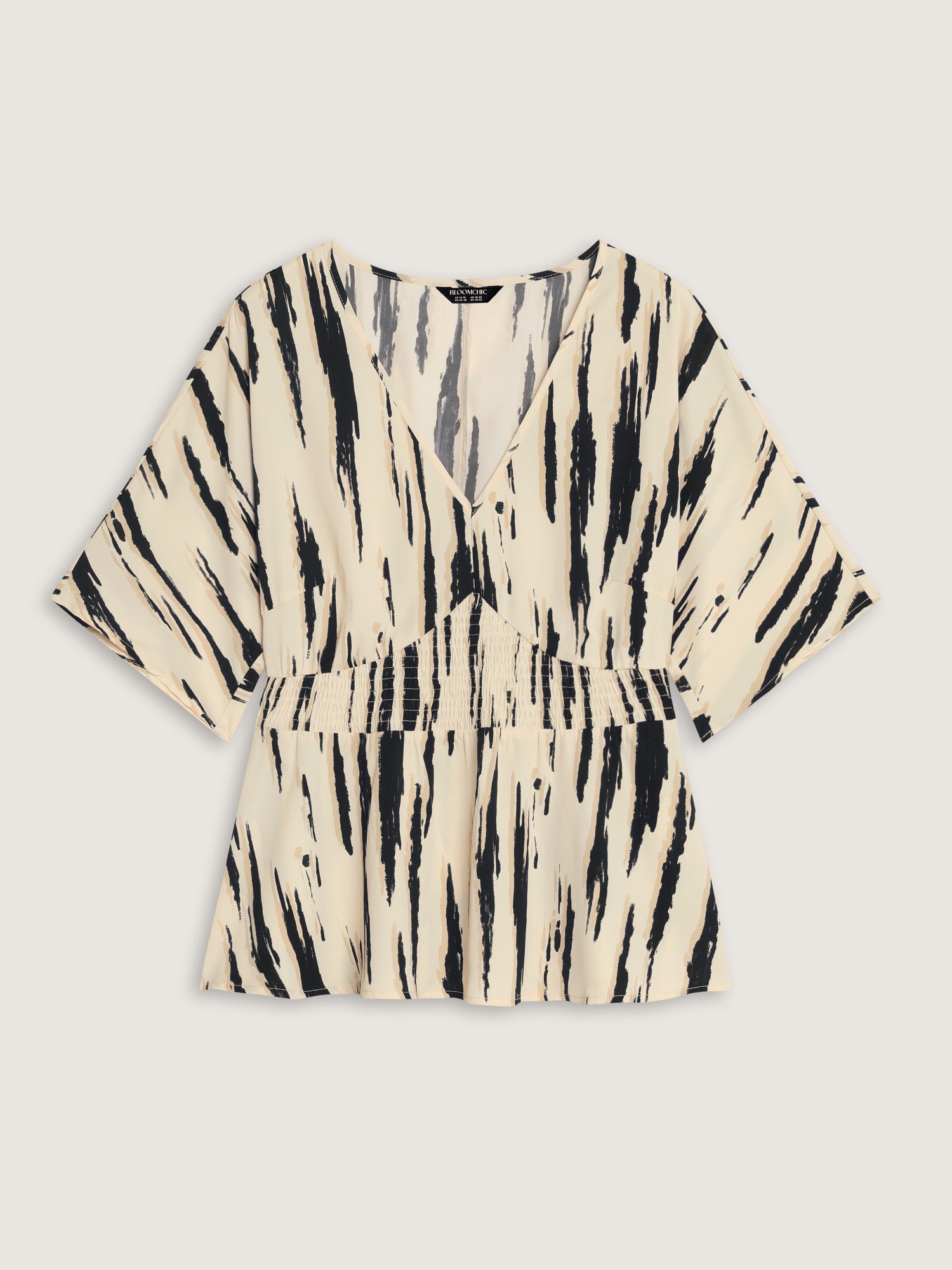 Abstract Print V Neck Shirred Waist Peplum Blouse