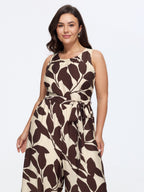 Round Neck Leaf Print Self Tie Wide Leg Jumpsuit