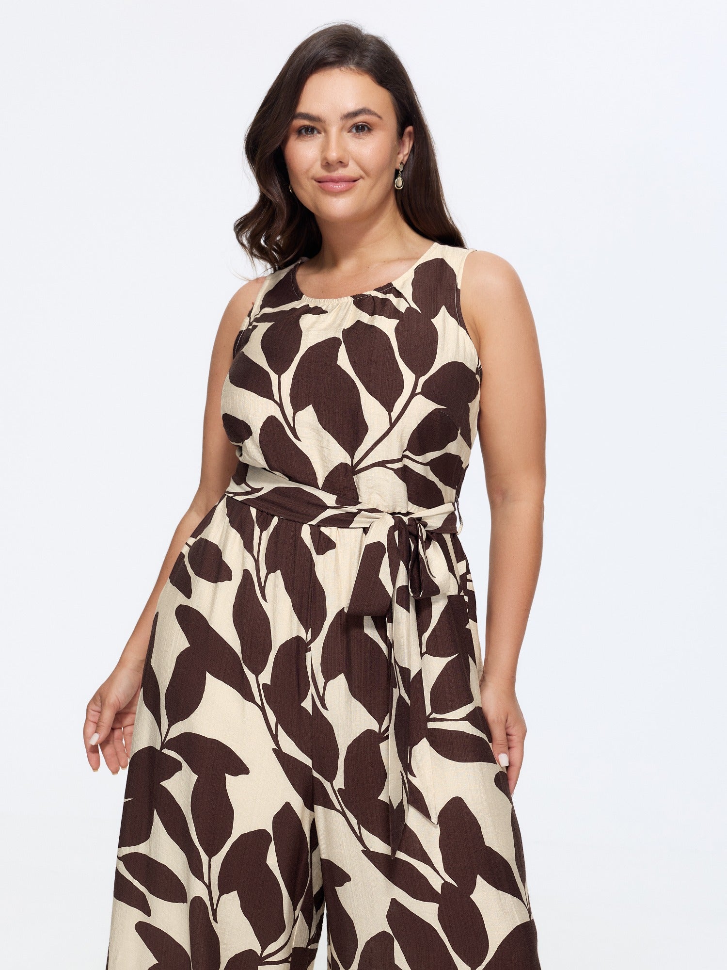 Round Neck Leaf Print Self Tie Wide Leg Jumpsuit