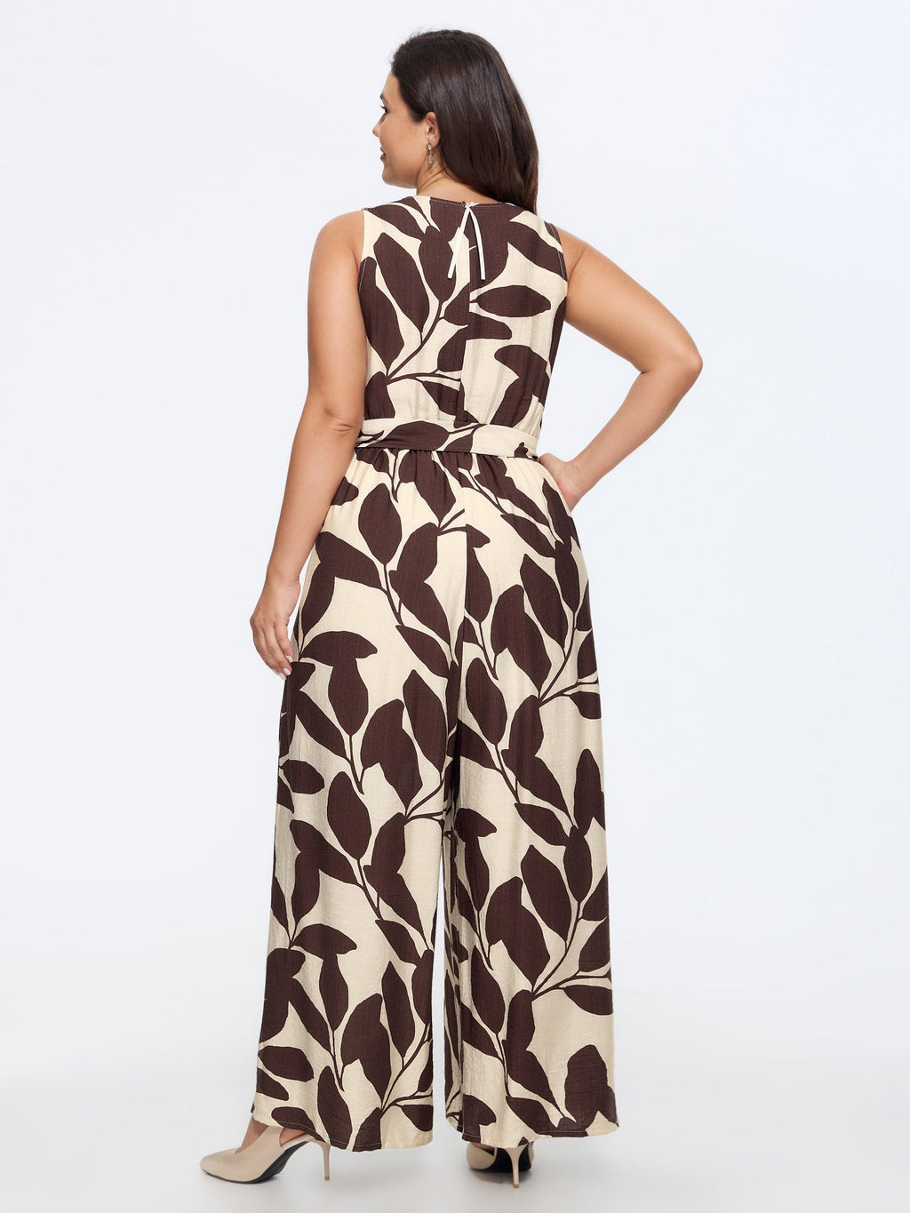 Round Neck Leaf Print Self Tie Wide Leg Jumpsuit