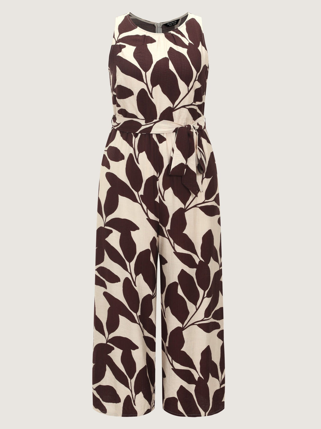 Round Neck Leaf Print Self Tie Wide Leg Jumpsuit