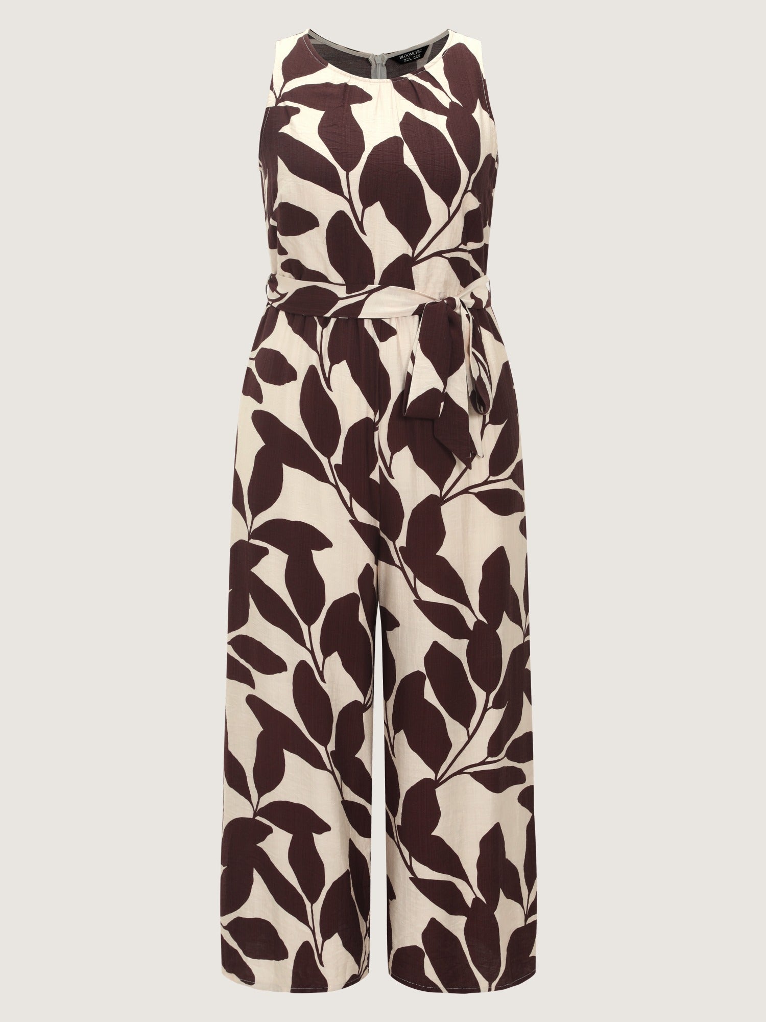 Round Neck Leaf Print Self Tie Wide Leg Jumpsuit