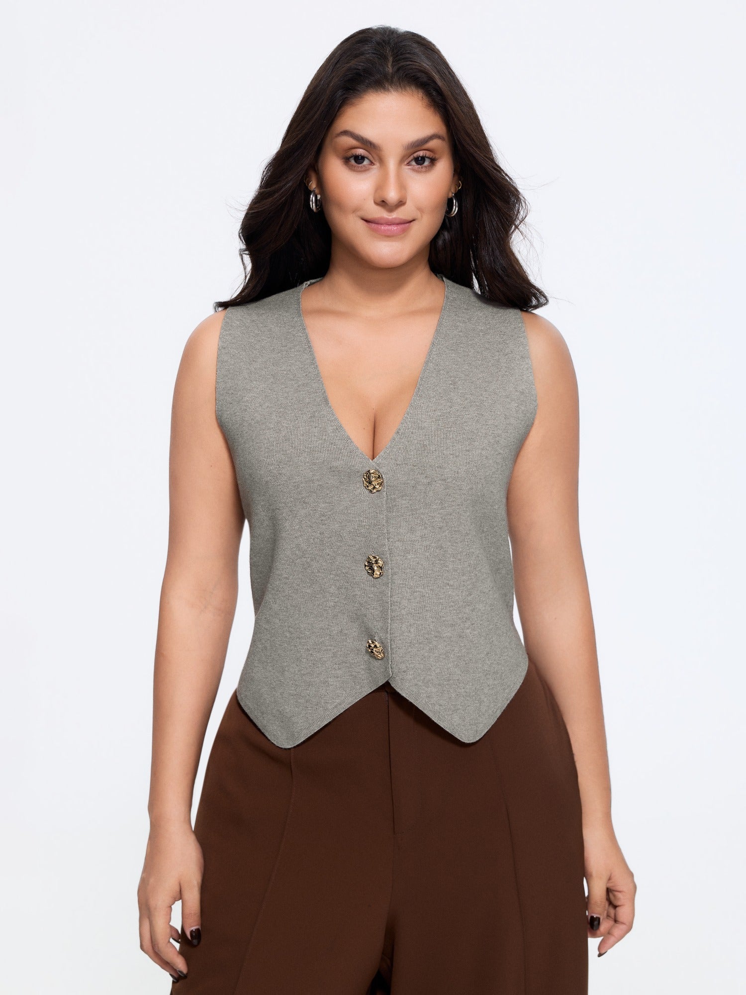 Heather Ribbed Metal Buttons Sweater Vest