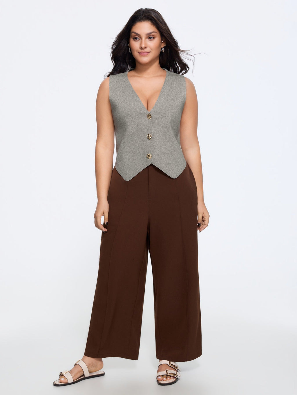Heather Ribbed Metal Buttons Sweater Vest