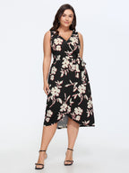 Floral Wrap Side Tie Asymmetrical Midi Dress