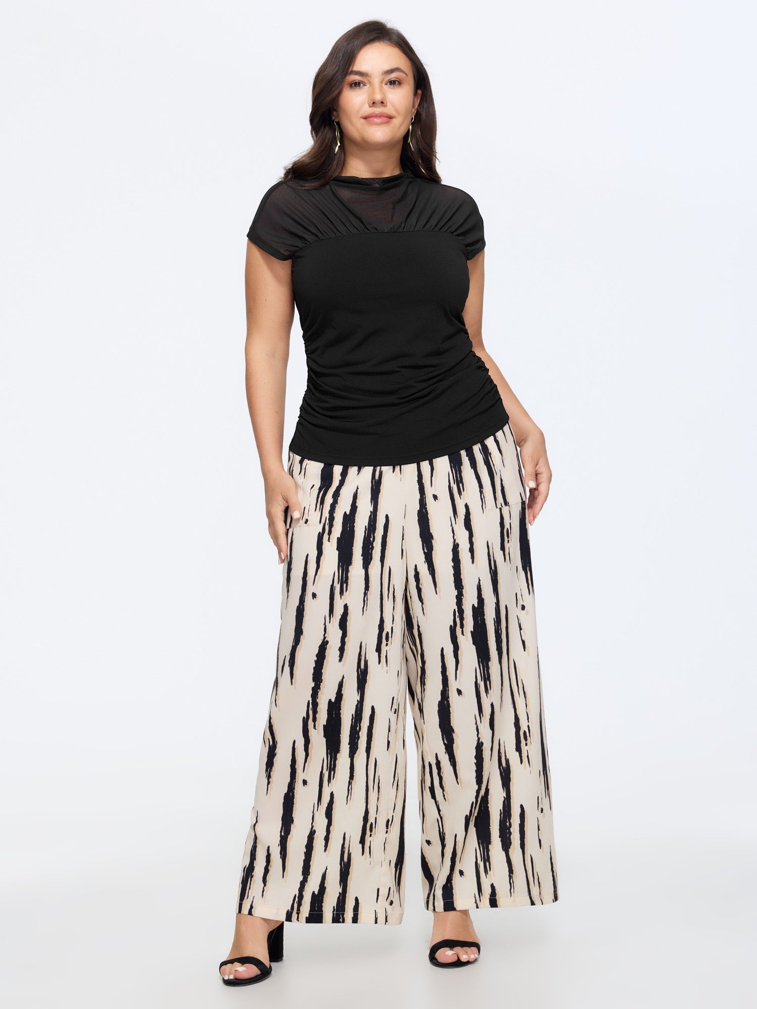 Solid Sheer Mesh Mock Neck Side Ruched Top